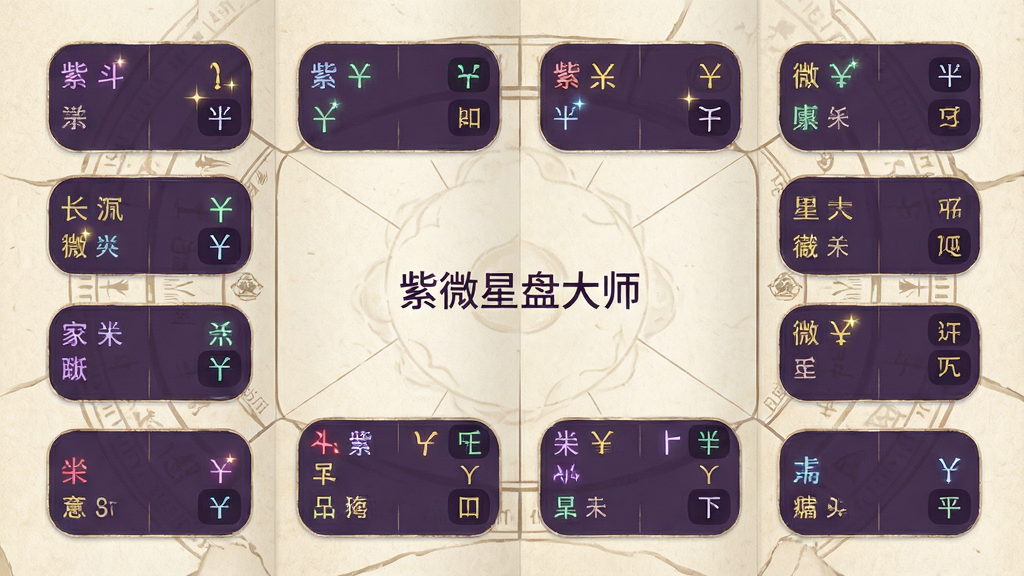 一张展开的紫微斗数命盘图,十二个宫位以圆角矩形排列,每个宫位内标注星曜名称与亮度,盘面中央写有“紫薇星盘大师”字样,背景为浅米色纸质纹理,风格为传统与现代结合的图表设计,细节精致,画质清晰干净