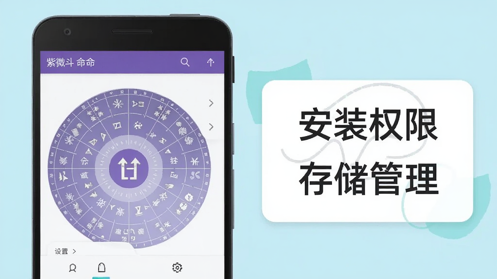 一部安卓手机屏幕显示紫微斗数命盘与设置菜单,旁边放置一张写有“安装权限”“存储管理”字样的提示卡片,画面风格为扁平化教程插图,配色清爽,细节清晰,画质干净无多余元素
