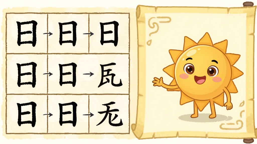 卡通风格的汉字演变动画场景,画面左侧是一个