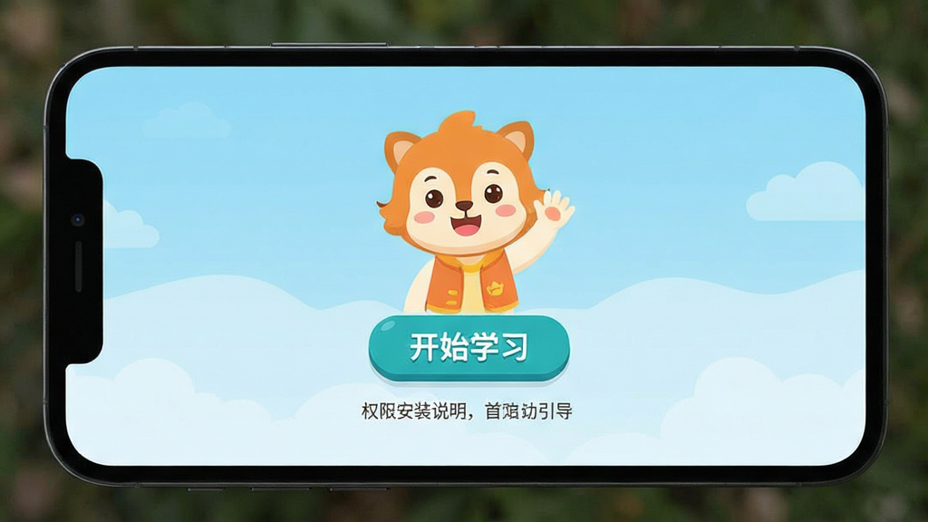 手机屏幕展示儿童识字软件安装完成后的首次启动引导页面,画面中有卡通吉祥物挥手示意,背景为浅蓝色渐变,页面中央有