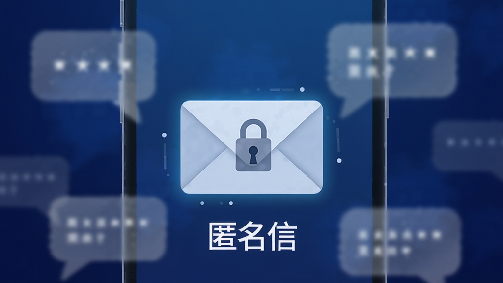 手机屏幕中央显示一个信封图标,信封表面有锁形图案,背景为深蓝色渐变,四周环绕着几个模糊的对话气泡,风格为扁平化科技感插画,细节包括信封边缘的微光效果和气泡的半透明质感,画质清晰干净,无多余元素,画面中打文字“匿名信”