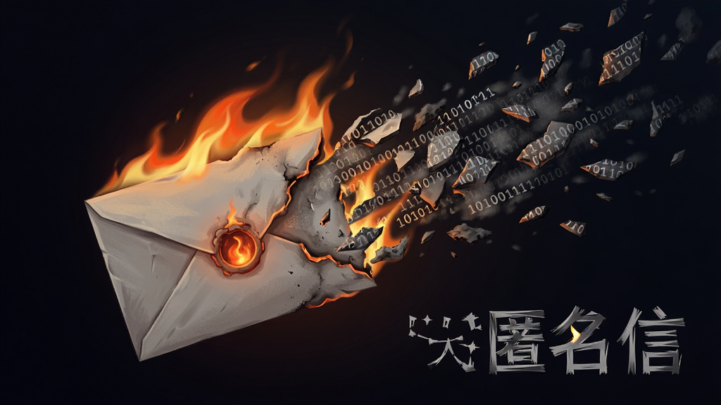 一个信封在火焰中逐渐化为灰烬,灰烬飘散成数字碎片,背景为深色渐变,风格为概念插画,细节包括火焰的橙红色光芒和碎片上的二进制代码纹理,画质清晰干净,无多余元素,画面中打文字“匿名信”