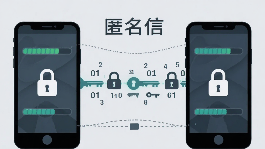 两个手机之间有一条加密数据流连接,数据流由数字锁和密钥符号组成,背景为浅灰色,风格为简洁的矢量插画,细节包括手机屏幕上的加密进度条和锁形图标,画质清晰干净,无多余元素,画面中打文字“匿名信”