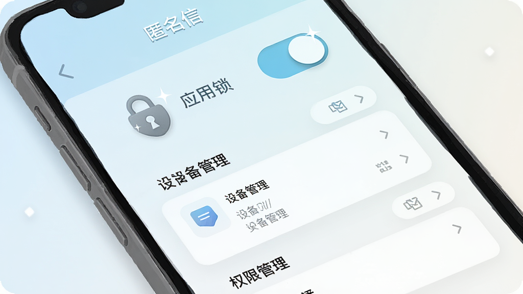 手机屏幕显示匿名信应用的安全设置界面,界面中有应用锁开关、设备管理列表和权限管理选项,背景为浅色渐变,风格为简洁的UI界面插画,细节包括锁形图标和开关按钮的高光效果,画质清晰干净,无多余元素,画面中打文字“匿名信”