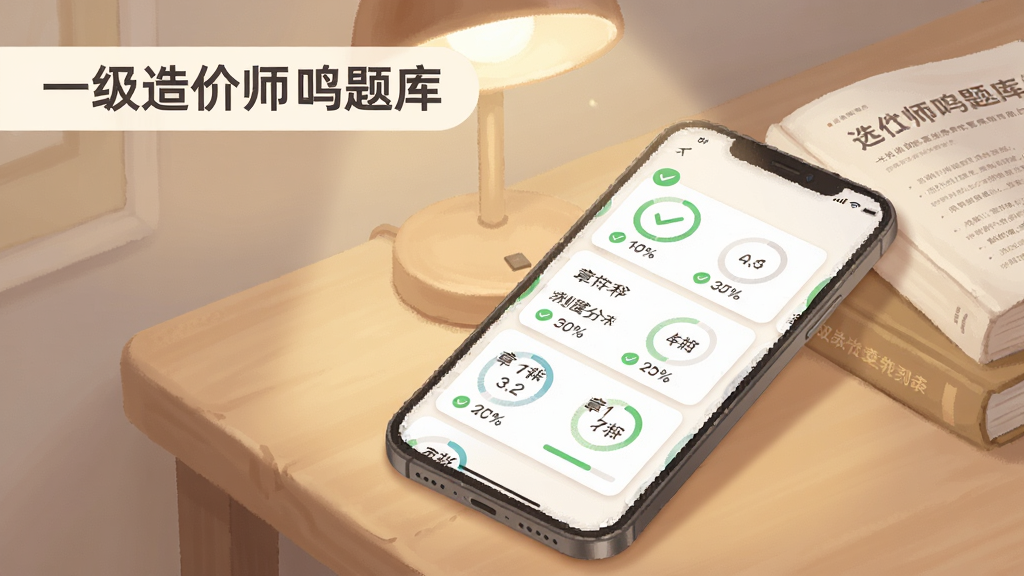 主体为一级造价师鸣题库的章节列表页面,手机屏幕展示四个科目卡片与进度百分比;布局为手机斜置于书桌一角,背景有台灯与教材;排版采用对角构图,左上角留出软件名称文字区域;风格为柔和暖色调数字插画;细节包括卡片上的对勾图标、进度环与章节数量标识,光线自然;画质清晰、干净、无多余元素