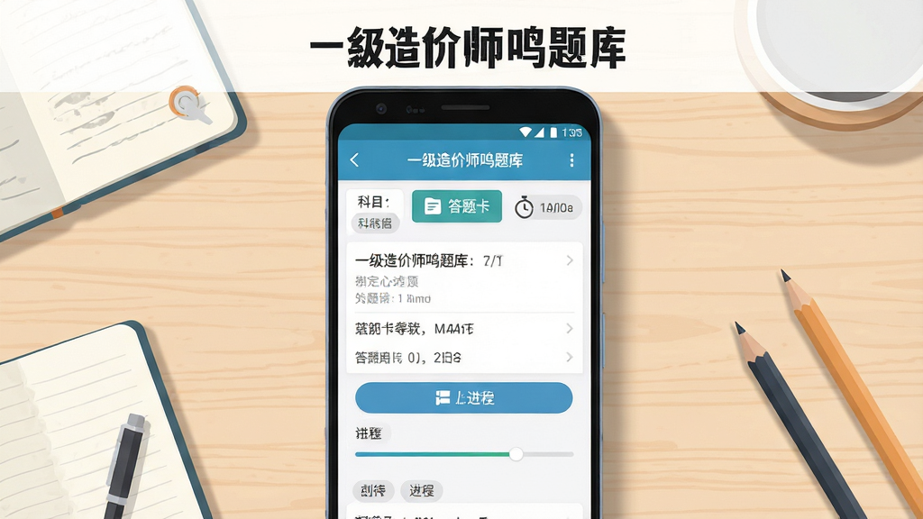 主体为一部安卓手机屏幕,屏幕中央展示一级造价师鸣题库的刷题界面,包含题目选项与进度条;布局为手机居中放置于浅色木纹桌面,四周散落笔记本与铅笔;排版采用上下结构,顶部留白放置软件名称文字;风格为清新扁平化插画风;细节包括屏幕内清晰可见的答题卡按钮、计时器图标与科目分类标签,桌面阴影柔和;画质高清、干净、无多余元素