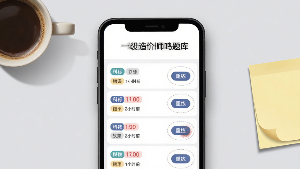 主体为一级造价师鸣题库的错题本界面,手机屏幕显示错题列表与红色标记的错误次数;布局为手机平放于浅灰桌面,旁边有咖啡杯与便签纸;排版采用居中对称构图,屏幕上方留白放置软件名称文字;风格为简约商务插画风;细节包括列表项中的科目标签、重练按钮与时间戳,阴影层次分明;画质精细、干净、无多余元素