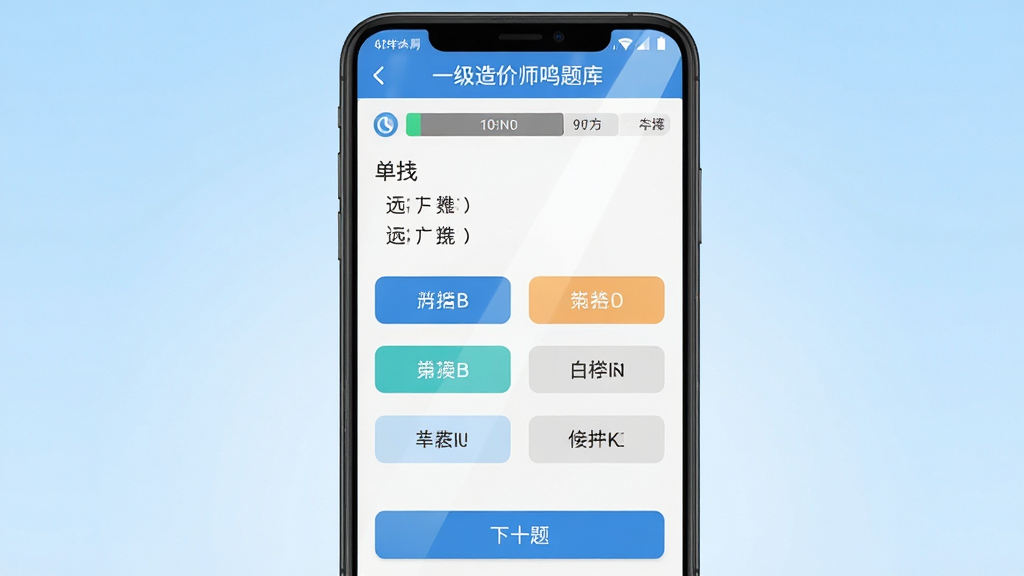 主体为一级造价师鸣题库在安卓手机上的答题界面特写,屏幕显示单选题与四个选项按钮;布局为手机正面居中,背景为浅蓝色渐变;排版采用简洁上下结构,顶部留出软件名称文字位置;风格为清爽科技感插画;细节包括选项按钮的高亮状态、顶部计时条与底部下一题按钮,屏幕反光自然;画质锐利、干净、无多余元素