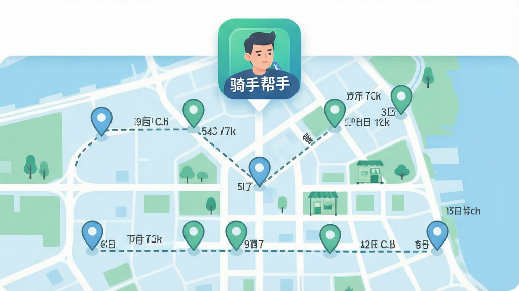 画面展示一张简化城市地图,地图上标注多个取餐点与送餐点,用虚线连接成配送路线,地图上方悬浮外卖众包骑手帮手应用图标,整体为扁平化信息图风格,布局以上下结构呈现,地图占主体,图标居顶部,色调以浅蓝与绿色为主,细节包含定位标记与距离数字,画质清晰干净,无多余装饰