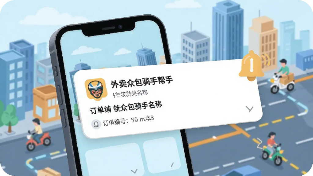 一部手机屏幕弹出订单提醒卡片,卡片上带有外卖众包骑手帮手名称字样,背景为城市楼宇与配送路线线条,画面采用扁平插画风格,主体手机位于画面中央偏左,右侧为提醒气泡与铃铛图标,色调清新明亮,细节包含订单编号与距离标识,画质干净清晰,无杂乱元素