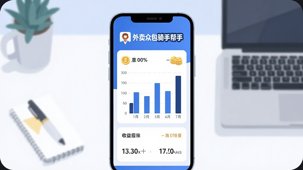 一部手机屏幕显示收益统计图表,包含柱状图与数字汇总,屏幕上方有外卖众包骑手帮手名称标识,背景为简洁办公桌面与笔记本,整体采用现代扁平插画风格,手机居中放置,图表位于屏幕中央,色调以蓝白为主,细节包含金币图标与数据条,画质清晰干净,无多余元素