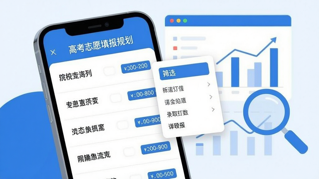 手机屏幕显示“高考志愿填报规划”院校查询列表页,列表中有多所大学名称与录取分数标签,旁边有筛选条件浮窗,背景有数据图表与放大镜元素,扁平化设计风格,色彩以蓝白为主,画面干净整洁,画质清晰