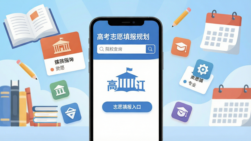 画面中央放置一部智能手机,屏幕显示“高考志愿填报规划”软件首页界面,上方有院校查询搜索框与志愿填报入口按钮,手机两侧漂浮着院校卡片与专业图标,背景为浅蓝色渐变的高考主题场景,有书本、铅笔与日历元素点缀,整体采用扁平化插画风格,细节清晰,画质干净,无多余元素