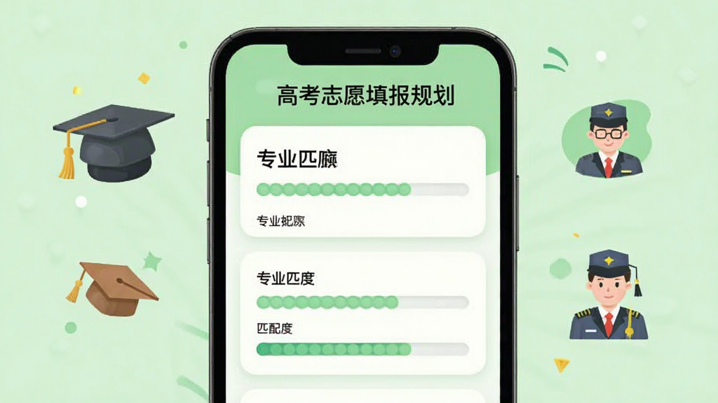 手机界面展示“高考志愿填报规划”专业匹配结果页,页面中有专业名称卡片与匹配度进度条,旁边有学士帽与职业图标装饰,背景为浅绿色调,扁平插画风格,布局清晰,画质干净,无多余元素