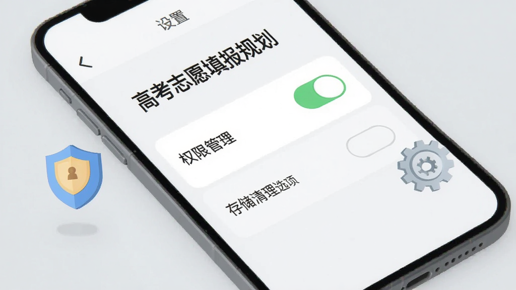 手机屏幕显示“高考志愿填报规划”设置页面,其中有权限管理开关与存储清理选项,旁边有盾牌图标与齿轮图标装饰,背景为浅灰色调,扁平化设计,布局简洁,画质清晰干净