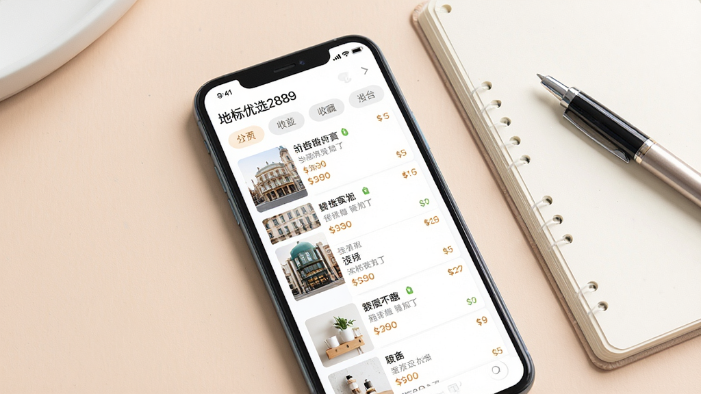 一张手机应用收藏清单界面展示图,画面中一部手机屏幕显示“地标优选2889”的收藏列表页面,列表项包含商品缩略图、名称与价格,页面顶部有分类标签,手机旁放置一个打开的笔记本与一支笔,背景为柔和浅色,风格清新,布局居中,细节丰富,画质高清干净