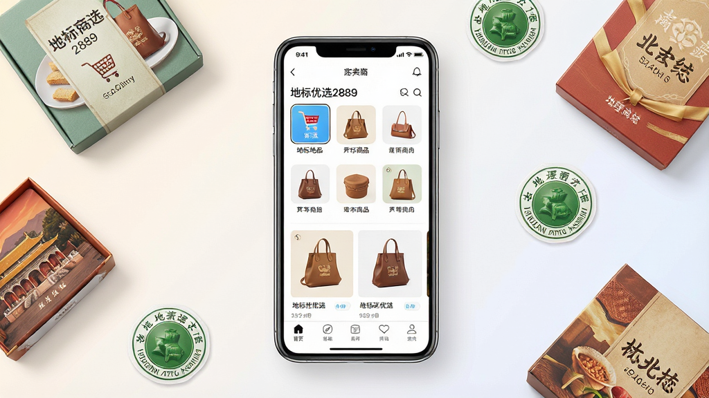 一张展示手机购物应用界面的场景图,画面中央是一部竖屏手机,屏幕上显示“地标优选2889”应用首页,首页包含地标商品分类图标、商品卡片与底部导航栏,手机周围散落着几个地方特产包装盒与地理标志标签元素,背景为浅色渐变,整体风格干净现代,布局居中对称,细节清晰,画质高清,无多余元素
