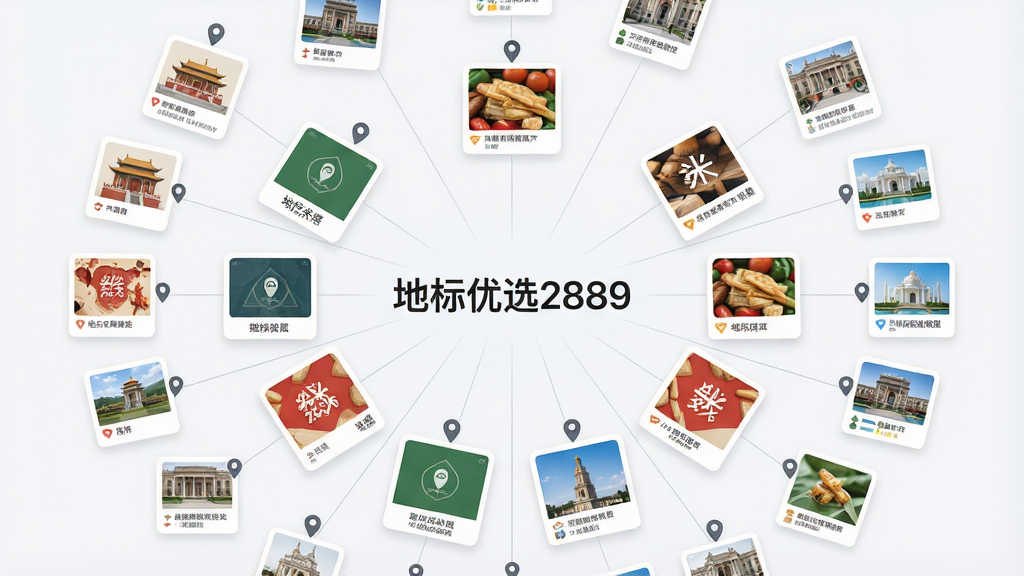 一张信息聚合类应用界面示意图,画面中心是“地标优选2889”的文字标识,周围环绕着多个代表不同产地的小卡片与地图定位图标,卡片之间用细线连接形成聚合网络,背景为浅灰白色,风格简洁商务,布局呈放射状,细节清晰,画质干净高清