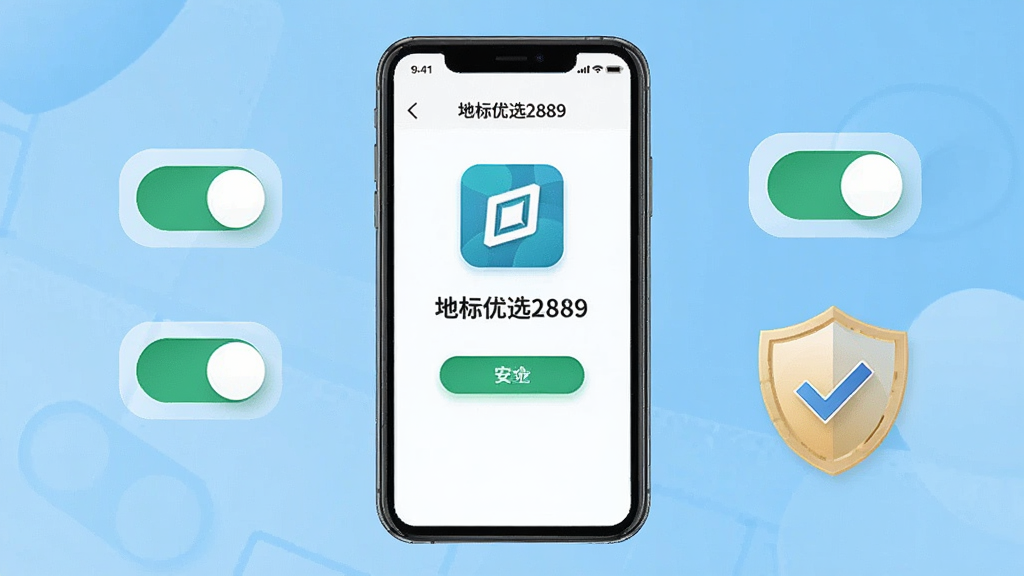 一张手机应用安装与权限设置场景示意图,画面中一部手机屏幕显示“地标优选2889”的安装完成界面,旁边有权限开关图标与盾牌安全标识,背景为浅蓝色调,风格简洁说明性,布局清晰,细节干净,画质高清
