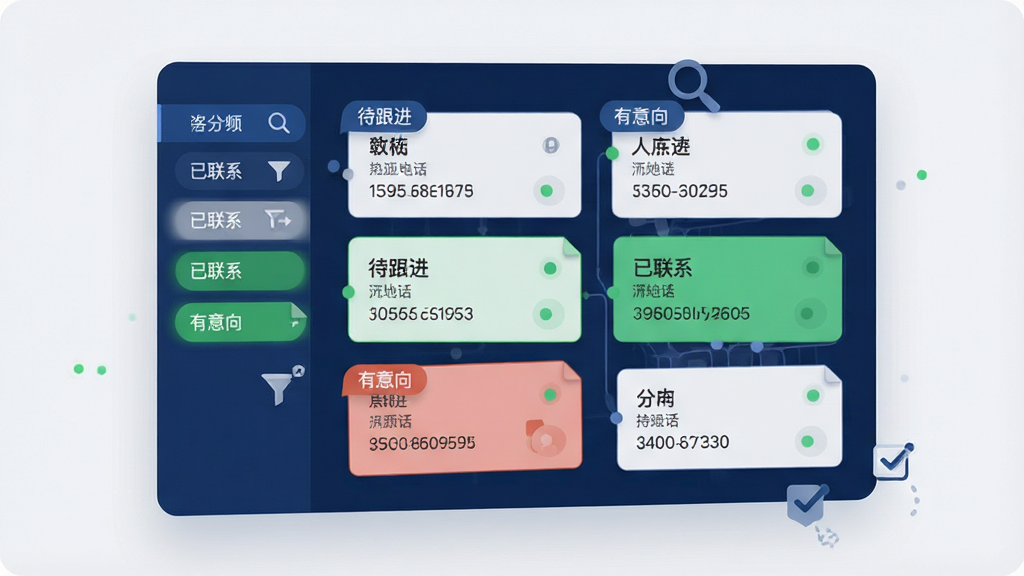 画面主体为一块悬浮的数字化客户管理面板,面板上排列着带有姓名与电话字段的客户卡片,卡片按“待跟进”“已联系”“有意向”三种颜色标签分组;布局采用左右分栏,左侧为分类标签栏,右侧为卡片瀑布流;风格为现代商务扁平风,主色为深蓝与浅灰,点缀绿色状态点;细节包含放大镜图标、筛选漏斗与勾选动画,画面干净无杂乱元素,画质高清,适合展示软件客户管理功能