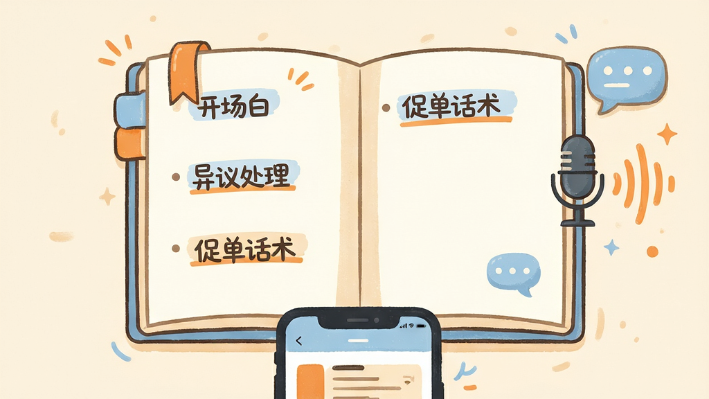 画面中央是一本展开的电子话术手册,书页上以条目形式呈现“开场白”“异议处理”“促单话术”三个板块,旁边配有一个话筒图标与声波线条;布局为居中对称构图,手册下方有手机界面呼应;风格为温暖插画风,配色为米白、浅蓝与橙色;细节包括书签标签、高亮下划线与对话气泡,画面简洁明快,画质细腻,适合展示话术模板功能