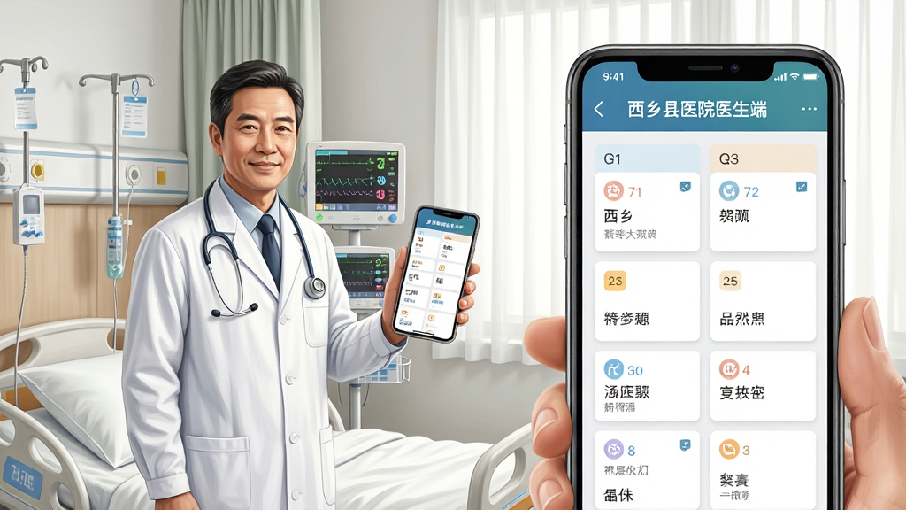 画面主体是一位身穿白大褂的医生站在病床边手持手机,手机屏幕显示“西乡县医院医生端”的患者列表界面,列表以卡片形式排列床号与姓名;布局为人物居左、手机界面放大居右形成对比;排版采用左右分栏;风格为写实医疗场景插画;细节包括病房窗帘、监护仪、床头卡等环境元素;画质清晰、光线柔和、画面干净、无多余元素