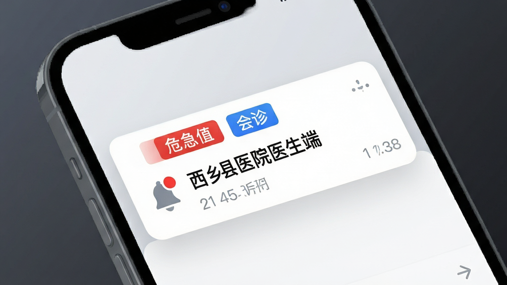 画面主体是一部手机屏幕特写,弹出“西乡县医院医生端”的消息提醒卡片,卡片上方有红色危急值标签与蓝色会诊标签;布局为手机居中倾斜展示、背景为深灰渐变;排版突出消息卡片;风格为现代UI展示插画;细节包括铃铛图标、未读红点、时间戳;画质清晰、画面干净、无多余元素