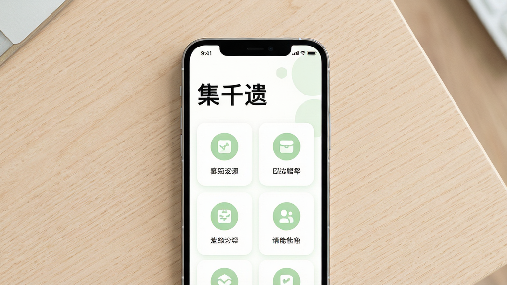 画面中央为手机屏幕特写,屏幕显示“集千遗”主界面,界面采用大标题与卡片式布局,配色为白底配浅绿点缀,功能入口以圆形图标排列,背景为浅色木纹桌面,布局上手机居中、周围留白充足,风格为清新极简风,细节上图标线条统一、卡片圆角柔和,画质清晰,干净,无多余元素