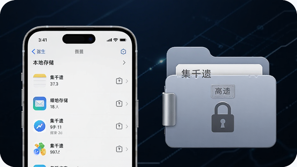 画面主体为一部手机与一个带锁的文件夹图标并排摆放,文件夹表面有“集千遗”字样标签,手机屏幕显示本地存储列表,背景为深蓝色科技感渐变,布局上手机在左、文件夹在右,风格为简约科技风,细节上文件夹带有金属质感边框、锁扣清晰,画质清晰,干净,无多余元素
