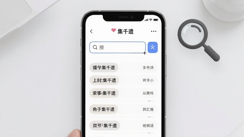 画面中央为一部手机,屏幕显示“集千遗”搜索界面,搜索框内有光标闪烁,下方列出多条匹配结果,结果条目带有高亮标记,手机右侧漂浮一个放大镜图标,背景为浅灰色简洁桌面,布局上手机居中、放大镜位于右上角,风格为现代扁平风,细节上搜索框圆角、结果条目间距均匀,画质清晰,干净,无多余元素