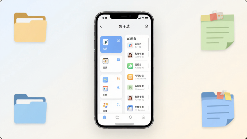 画面中央放置一部智能手机,手机屏幕显示“集千遗”应用主界面,界面干净整洁,左侧排列分类卡片,右侧为信息归集列表,背景为浅色渐变桌面,周围点缀少量文件夹与便签图标,整体布局居中对称,风格为扁平化现代科技风,细节上手机边框圆润、图标线条简洁,画质清晰,干净,无多余元素