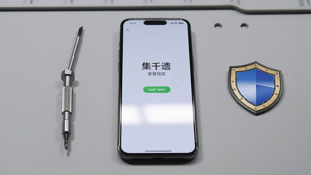 画面主体为一部手机平放在桌面上,屏幕显示“集千遗”安装完成界面,手机旁边摆放一把小螺丝刀与一个盾牌图标,背景为浅灰色工作台面,布局上手机居中、工具位于左侧、盾牌位于右侧,风格为写实静物风,细节上屏幕反光自然、工具金属质感清晰,画质清晰,干净,无多余元素