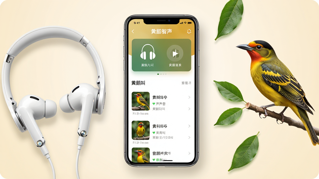 画面中央放置一部智能手机,屏幕显示“黄鹂智声”应用主界面,界面中有耳机连接状态卡片与黄鹂鸟叫声音频列表,手机左侧摆放一副白色无线降噪耳机,右侧散落几片绿色树叶与一只写实风格的黄鹂鸟停靠在枝头,背景为浅米色渐变,整体布局居中对称,风格清新自然,细节包括耳机充电触点反光、手机界面图标清晰、鸟羽纹理细腻,画质高清,画面干净,无多余元素