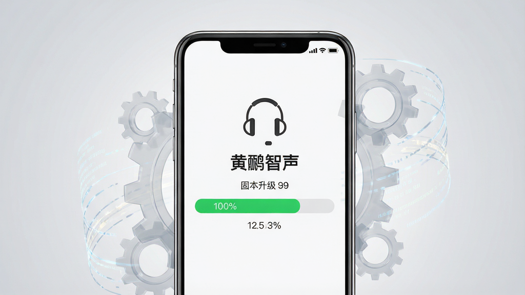一部手机竖立在画面中央,屏幕显示“黄鹂智声”固件升级进度条界面,进度条为绿色填充,上方有耳机图标与版本号文字,手机周围环绕几个半透明的齿轮与数据流线条,背景为浅灰色渐变,布局居中突出手机屏幕,风格干净利落,细节包括进度百分比数字、耳机图标轮廓,画质高清,画面干净,无多余元素