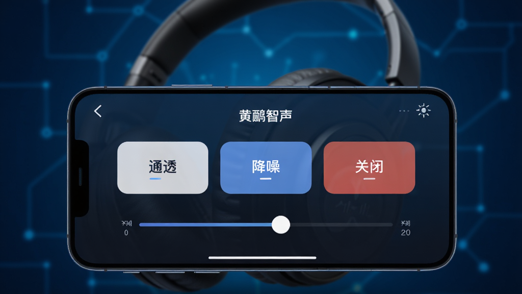 一部手机横置在画面中央,屏幕显示“黄鹂智声”降噪调节界面,有通透、降噪、关闭三个大按钮与一条可拖动的降噪等级滑杆,手机后方虚化处理一副头戴式耳机,背景为深蓝色科技感渐变,布局上手机占画面主体,按钮与滑杆细节清晰可见,风格简约现代,画质高清,画面干净,无多余元素