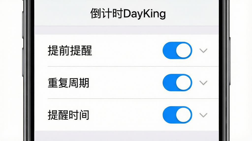 一张手机设置界面示意图,画面展示倒计时提醒设置面板,包含“提前提醒”“重复周期”“提醒时间”三个选项行,每行右侧有开关按钮与下拉箭头,布局纵向排列居中,风格简约浅色商务,细节包含浅灰分割线与蓝色高亮开关,画质清晰干净,画面顶部有“倒计时DayKing”标题文字,无多余元素