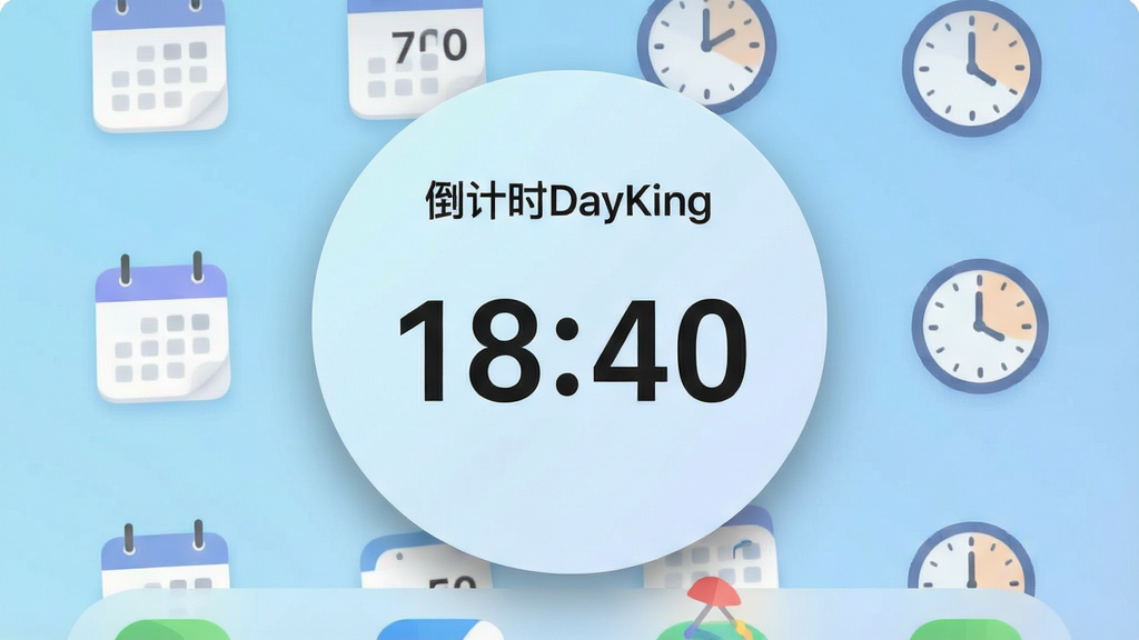 一张手机桌面截图,画面中央放置一个圆形倒计时卡片,卡片上显示“倒计时DayKing”软件名称和醒目的剩余天数数字,背景为浅蓝色渐变,周围分布日历图标与时钟小元素,整体布局简洁居中,风格清爽现代扁平化,细节包含圆角卡片阴影与柔和光晕,画质清晰干净,无多余装饰元素
