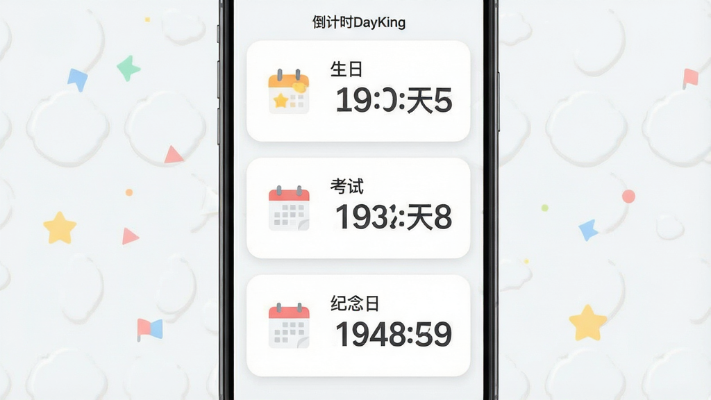 一张手机应用界面示意图,画面主体为三个纵向排列的倒计时卡片,分别标注“生日”“考试”“纪念日”,每张卡片左侧有对应小图标,右侧显示剩余天数数字,布局整齐居中,风格清新浅色扁平化,细节包含卡片圆角与浅灰分隔线,画质清晰干净,画面中带有“倒计时DayKing”文字标识,无多余元素