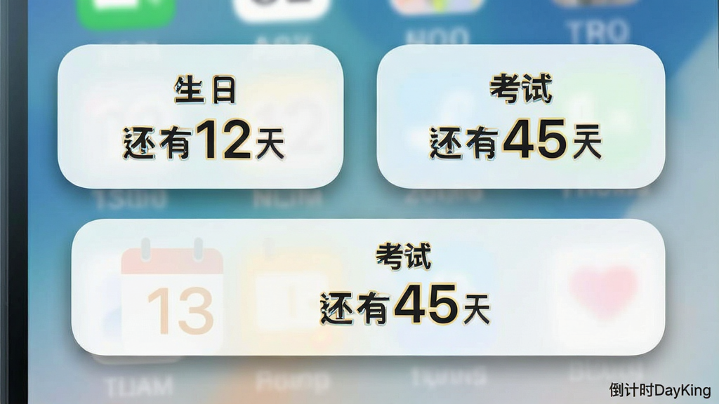 一张手机桌面示意图,画面展示主屏上放置两个倒计时小组件,一个显示“生日 还有12天”,另一个显示“考试 还有45天”,小组件为圆角矩形浅色卡片,背景为简洁手机壁纸,布局上下排列居中,风格清爽扁平化,细节包含小组件阴影与数字高亮,画质清晰干净,画面角落带有“倒计时DayKing”小字标识,无多余元素