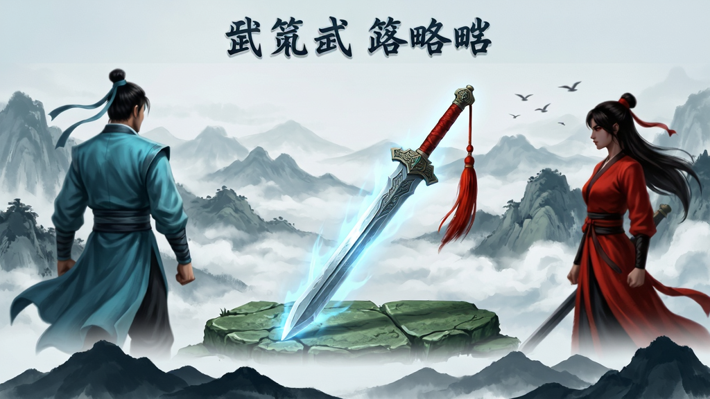 画面主体为一款武侠策略手游的启动宣传图,中央是一把斜插在青石地面上的古剑,剑身泛着淡蓝色寒光,剑柄缠绕红色剑穗,背景为层叠的远山与飘动的云海,左侧站立一位身着青衫的侠客背影,右侧站立一位红衣女侠侧影,两人相对而立形成对决之势;布局采用横向宽幅构图,主体居中,人物分列左右留白均衡;排版上方预留标题区域,下方为山峦剪影;风格为中国风水墨与写实厚涂结合,色调以青灰、墨蓝为主,点缀朱红;细节包括剑身纹理、衣袂飘动、山间薄雾、远处飞鸟;画质高清,干净,无多余元素