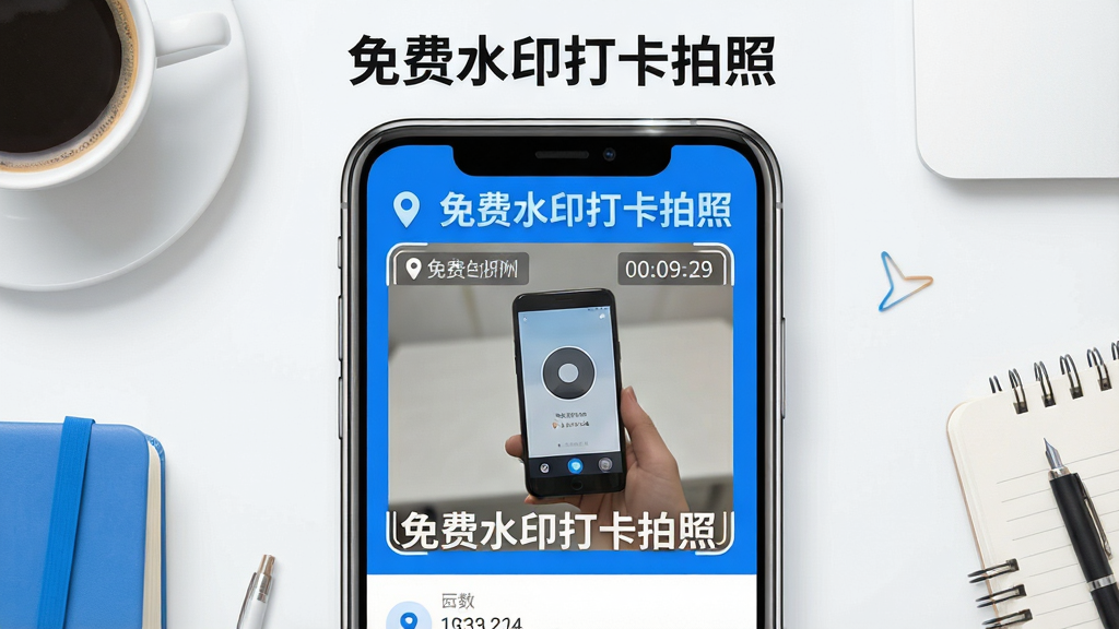 主体是一部智能手机屏幕特写,屏幕中央展示一张带有时间地点水印的打卡照片,照片角落有醒目的“免费水印打卡拍照”字样;布局为手机居中放置,四周环绕简洁的办公桌面元素;排版采用上下结构,上方为软件名称标题,下方为功能展示区;风格为现代扁平化科技风,蓝白配色为主;细节包括屏幕上清晰的水印信息条、手机边缘的高光反射、桌面上的咖啡杯与笔记本一角;画质为高清4K,画面干净无多余元素