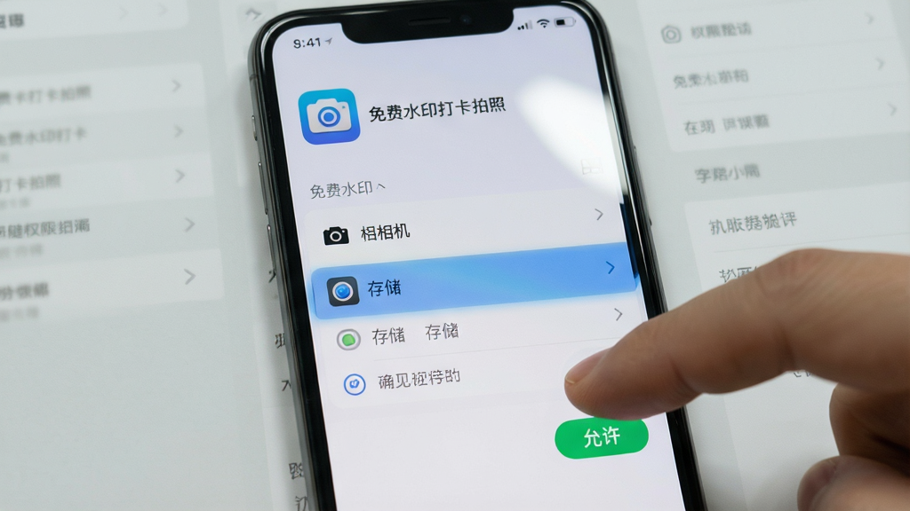 主体是一部手机屏幕显示权限设置界面,旁边有手指正在点击“允许”按钮;布局为手机居中,背景为浅灰色系统设置页面;排版为上下结构,上方有“免费水印打卡拍照”应用图标;风格为真实手机截图风格,界面清晰;细节包括权限列表中的相机与存储选项高亮、手指点击动作明确、屏幕上有轻微反光;画质为高清,画面干净,无多余元素
