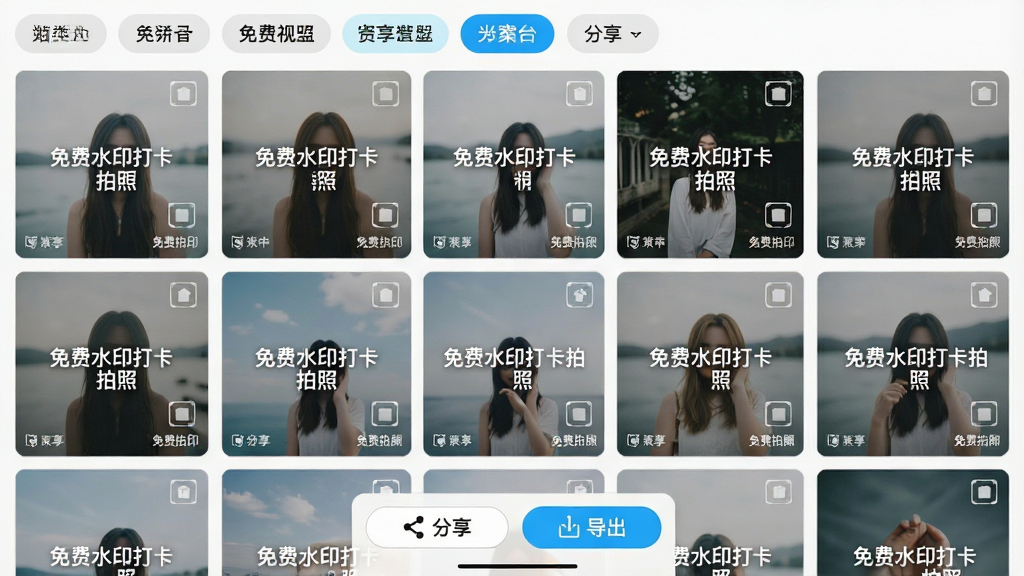 主体是手机相册界面截图风格,展示多张带有不同水印样式的照片整齐排列;布局为网格状照片墙,每张照片角落都有“免费水印打卡拍照”生成的水印标识;排版为上下结构,顶部有分类标签栏;风格为清新简约的UI设计风,浅色背景;细节包括照片缩略图清晰、分类标签高亮显示、底部有分享与导出按钮;画质为高清,画面干净整洁,无多余装饰元素