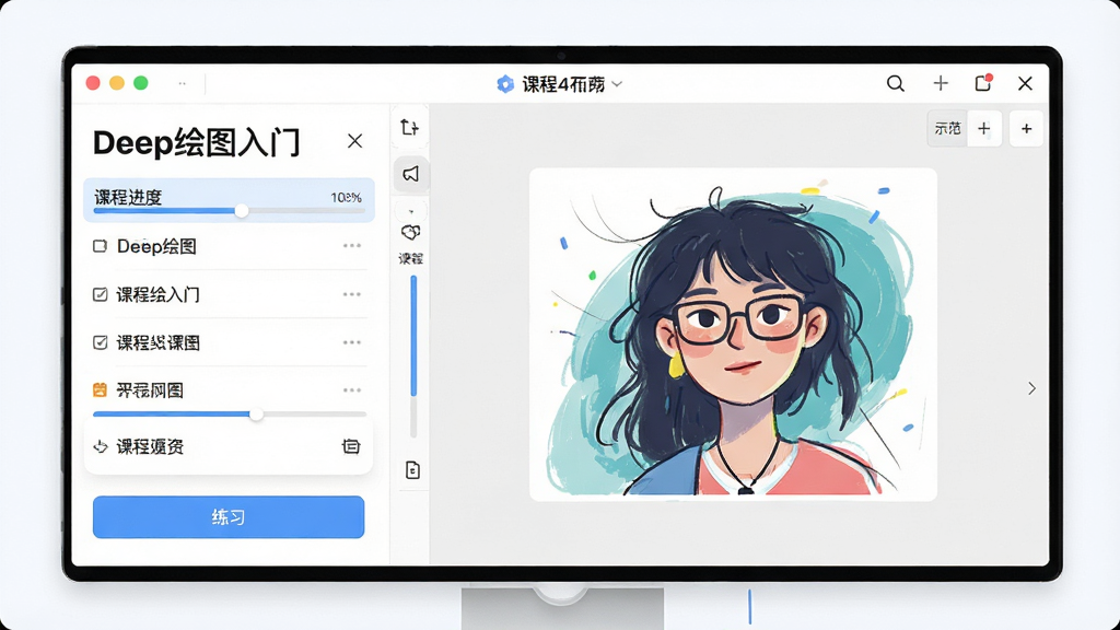 一张展示Deep绘图入门课程学习界面的图片,画面中左侧为课程目录列表,右侧为绘图示范区域,屏幕上有
