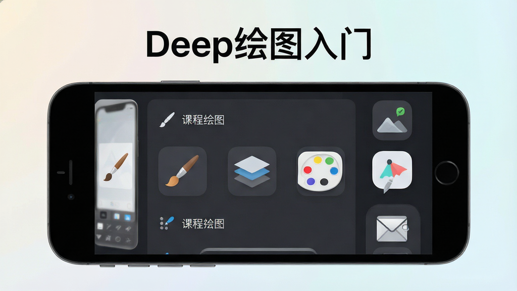 一张手机屏幕展示Deep绘图入门软件主界面,画面中央是简洁的课程列表与绘图工具图标,背景为浅色渐变,风格清爽现代,细节包含画笔、图层、调色板等元素,画质清晰干净,无多余装饰,屏幕上方有