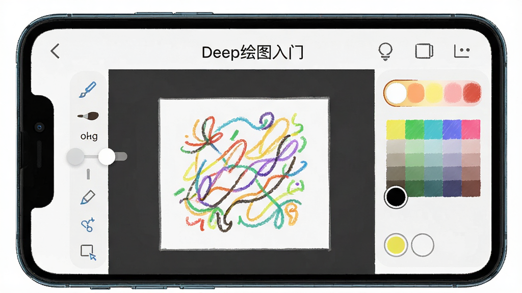 一张手机界面展示Deep绘图入门内置画板功能,画面中有简易绘图工具栏与正在绘制的彩色线条图案,屏幕显示