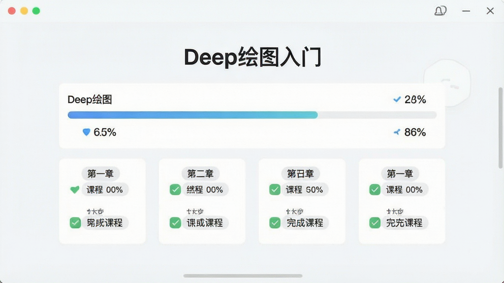 一张展示Deep绘图入门学习进度页面的图片,画面中有进度条与已完成课程打勾标记,屏幕显示