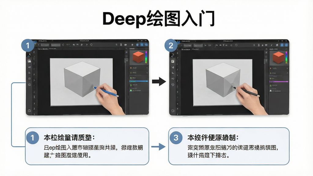 一张展示Deep绘图入门图文教程页面的图片,画面中有分步骤的操作示意图与文字说明框,屏幕上方标注