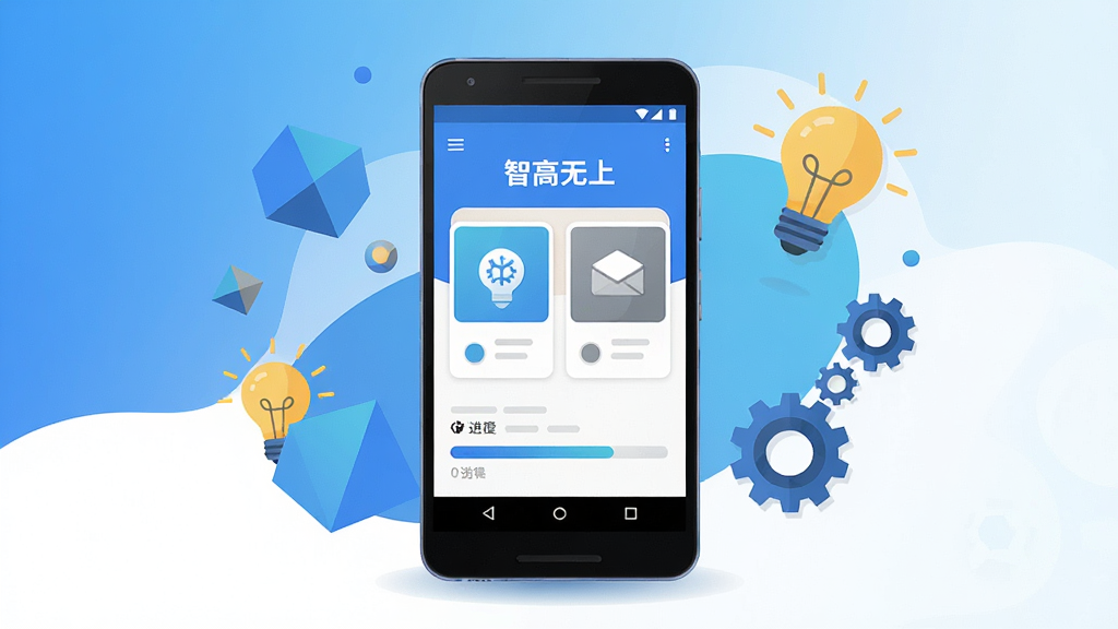 画面中央放置一部安卓手机,手机屏幕显示“智高无上”应用主界面,界面包含思维训练卡片与进度条,手机周围环绕几何图形、灯泡、齿轮等象征思考的元素,整体采用蓝色与白色渐变背景,扁平化插画风格,布局简洁居中,细节清晰,画质干净,无多余元素,高清分辨率