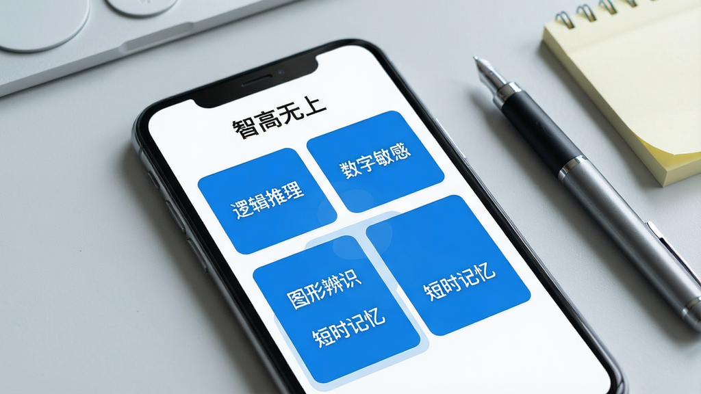 手机屏幕特写展示“智高无上”思维训练模块列表,包含逻辑推理、数字敏感、图形辨识、短时记忆四个卡片,卡片以蓝白配色呈现,背景为浅灰色工作台面,旁边放置一支笔与便签纸,整体风格清新简约,布局整齐,细节清晰,画质干净,无多余元素
